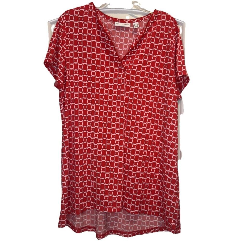 Susan Graver Women’s Red‎ White Geometric Cap Sleeve V-Neck Liquid Knit Top Sz S
